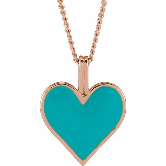 14K Rose Light Turquoise Enamel Heart 18" Necklace
