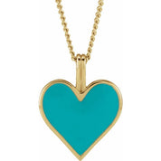 14K Yellow Light Turquoise Enamel Heart 18" Necklace