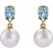 14K Yellow Cultured White Akoya Pearl & Natural Aquamarine Earrings