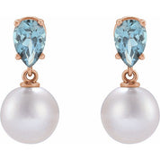 14K Rose Cultured White Akoya Pearl & Natural Aquamarine Earrings