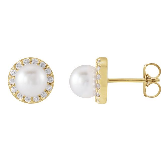 14K Yellow Gold 1/4 CTW Natural Diamond Semi-Set Halo-Style Earring for 6-6.5 mm Pearls