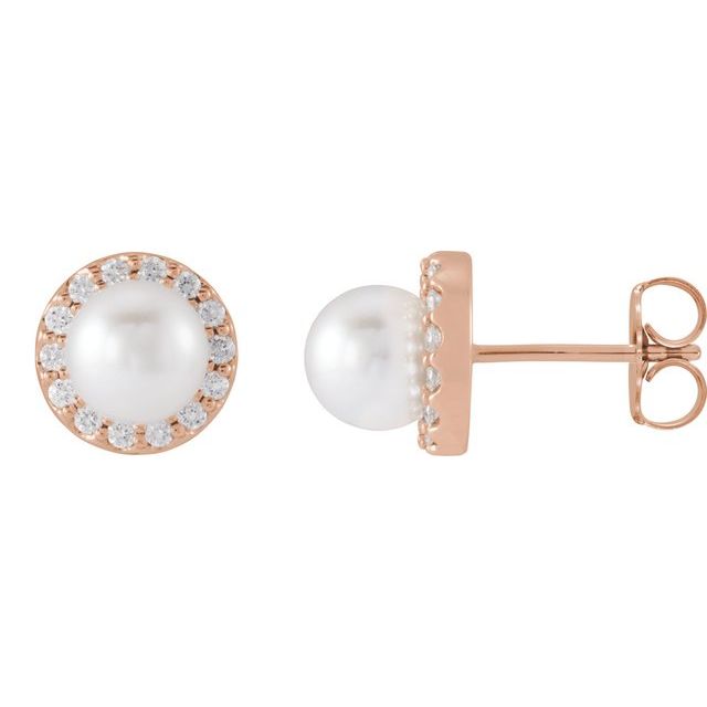 14K Rose Gold Semi-Set Halo-Style Earrings for 5-5.5 mm Pearls - Natural Diamond - Part 88459
