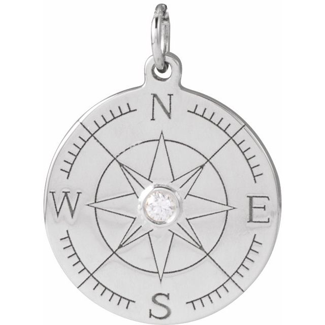 14K White .015 CT Natural Diamond Compass Pendant