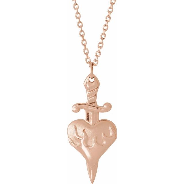 14K Rose Heart & Dagger 16-18" Neckalce