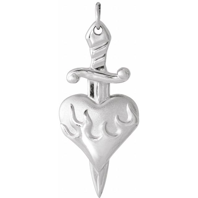 14K White Heart & Dagger Pendant