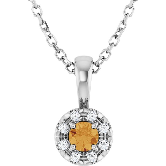 14K White 3 mm Natural Citrine & .03 CTW Natural Diamond 16-18" Necklace