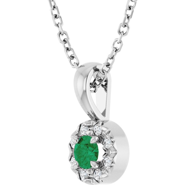 14K White 3 mm Natural Emerald & .03 CTW Natural Diamond 16-18" Necklace