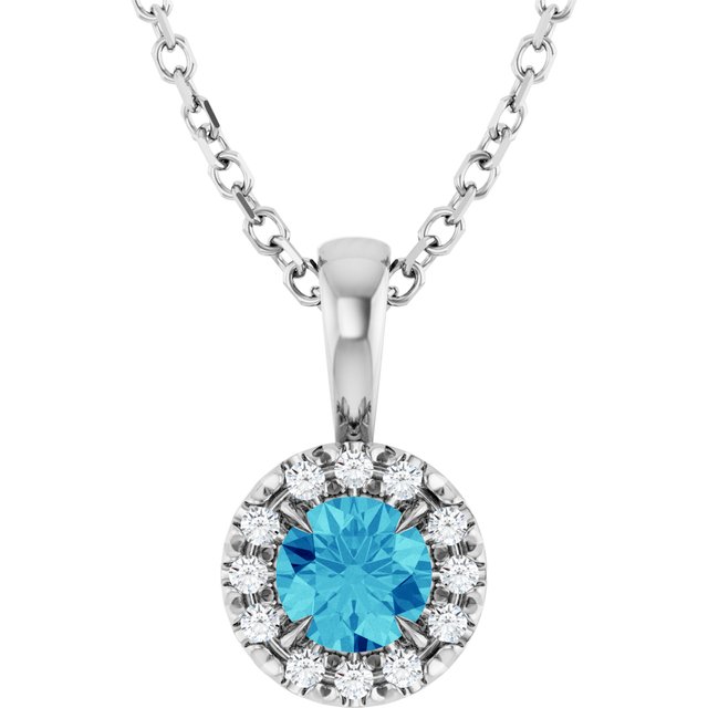 14K White 4 mm Natural Blue Zircon & .05 CTW Natural Diamond 16-18" Necklace