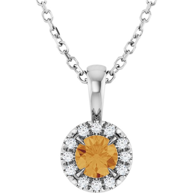 14K White 4 mm Natural Citrine & .05 CTW Natural Diamond 16-18" Necklace