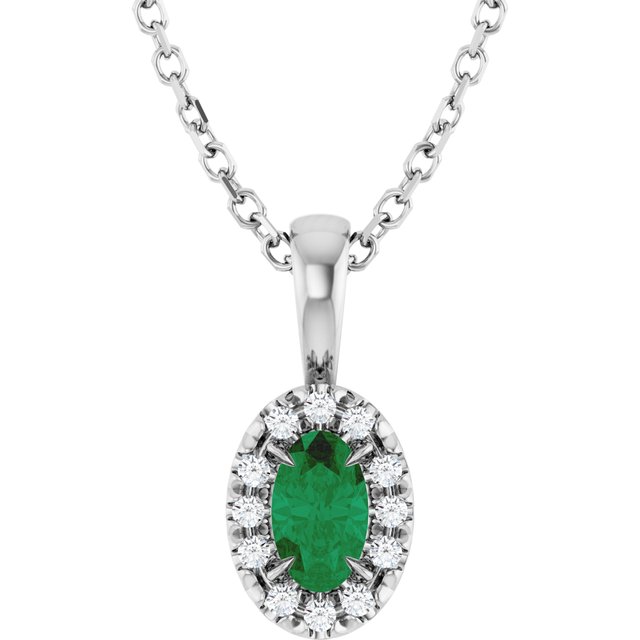 14K White 5x3 mm Natural Emerald & .05 CTW Natural Diamond 16-18" Necklace