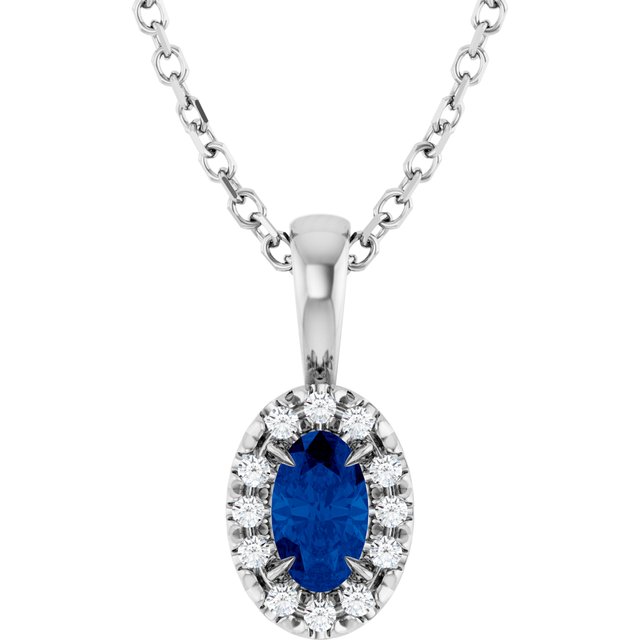 14K White 5x3 mm Lab-Grown Blue Sapphire & .05 CTW Natural Diamond 16-18" Necklace