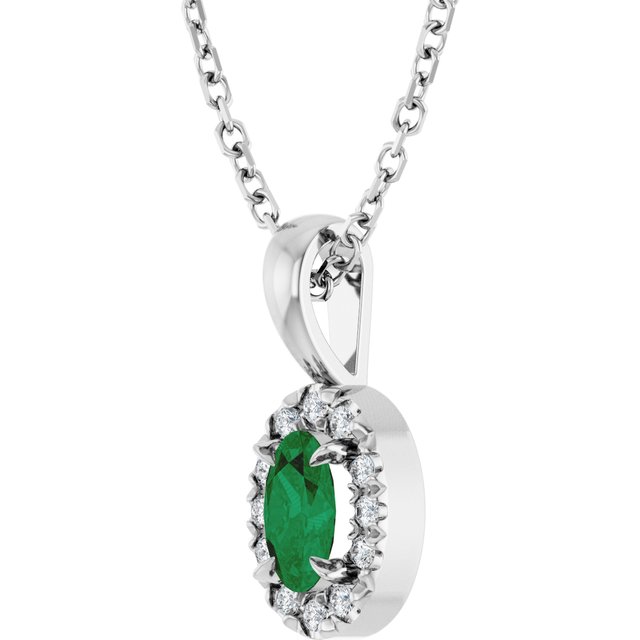 14K White 5x3 mm Natural Emerald & .05 CTW Natural Diamond 16-18" Necklace
