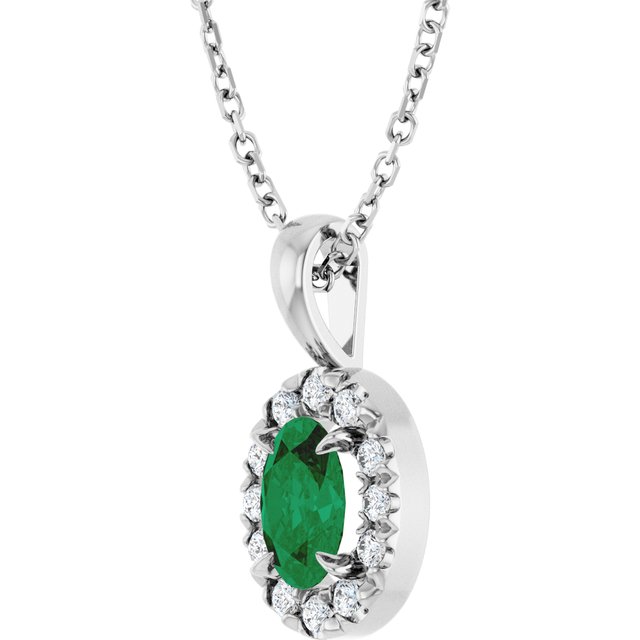 14K White 6x4 mm Lab-Grown Emerald & 1/10 CTW Natural Diamond 16-18" Necklace
