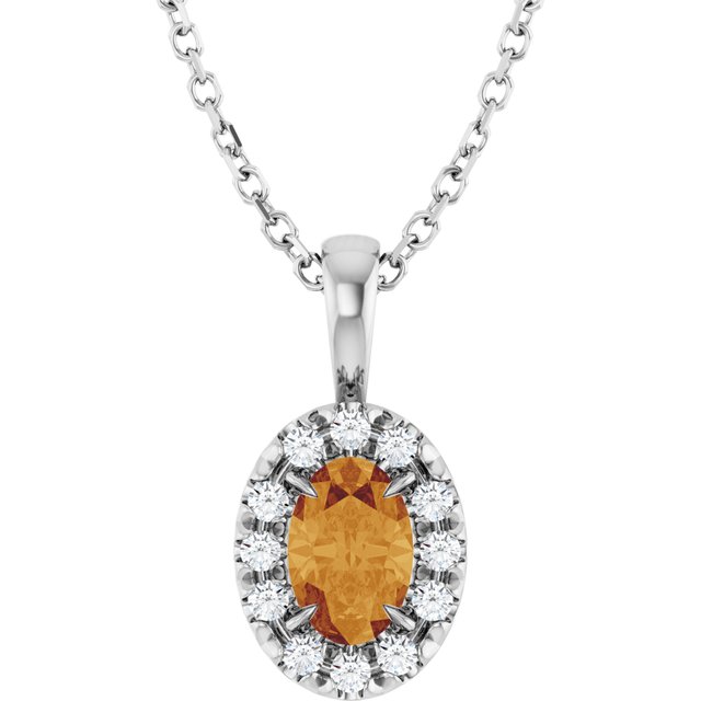 Sterling Silver 6x4 mm Natural Citrine & 1/10 CTW Natural Diamond 16-18" Necklace