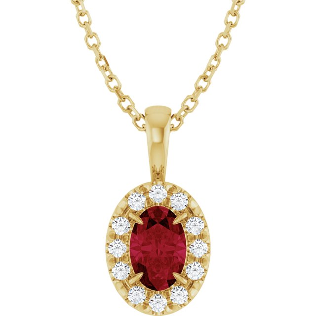14K Yellow 6x4 mm Natural Ruby & 1/10 CTW Natural Diamond 16-18" Necklace