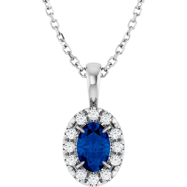 Sterling Silver 6x4 mm Natural Blue Sapphire & 1/10 CTW Natural Diamond 16-18" Necklace