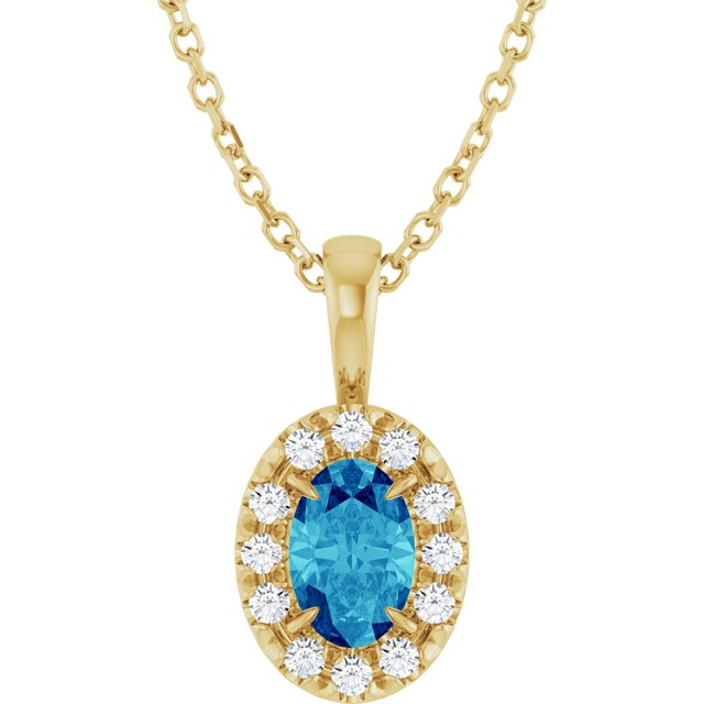 14K Yellow 6x4 mm Natural Blue Zircon & 1/10 CTW Natural Diamond 16-18" Necklace
