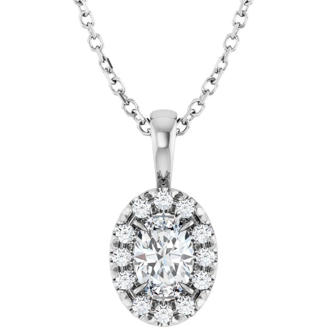 14K White 6x4 mm Natural White Sapphire & 1/10 CTW Natural Diamond 16-18" Necklace