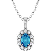 14K White 6x4 mm Natural Blue Zircon & 1/10 CTW Natural Diamond 16-18" Necklace