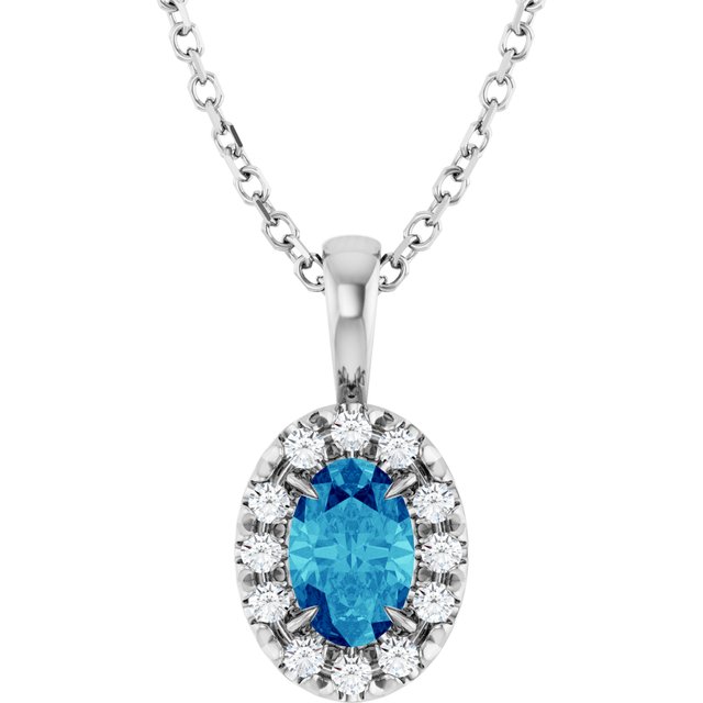 14K White 6x4 mm Natural Blue Zircon & 1/10 CTW Natural Diamond 16-18" Necklace