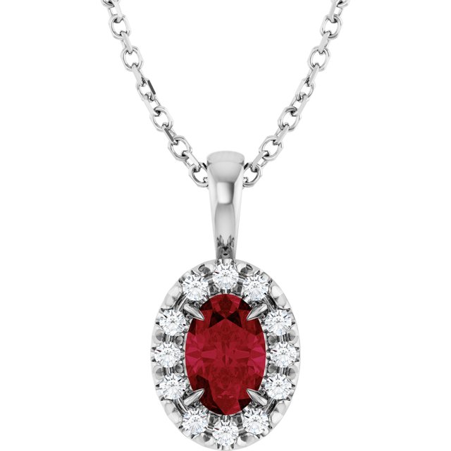 Sterling Silver 5x3 mm Lab-Grown Ruby & .05 CTW Natural Diamond 16-18" Necklace