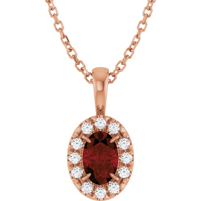 14K Rose 6x4 mm Natural Mozambique Garnet & 1/10 CTW Natural Diamond 16-18" Necklace