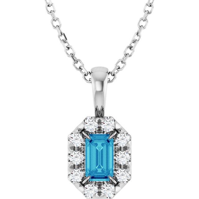 14K White 5x3 mm Natural Blue Zircon & 1/8 CTW Natural Diamond 16-18" Necklace