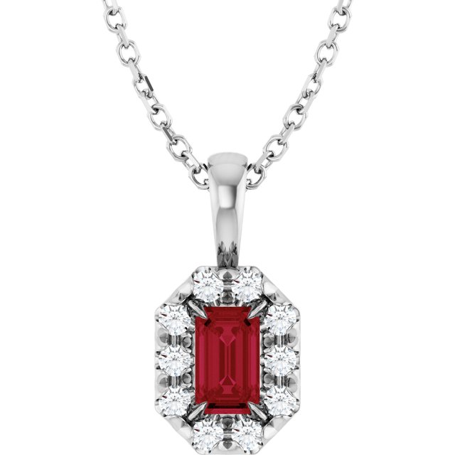 14K White 5x3 mm Natural Ruby & 1/8 CTW Natural Diamond 16-18" Necklace