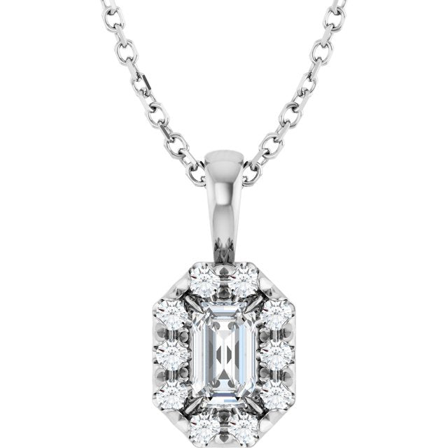 Sterling Silver 5x3 mm Natural White Sapphire French-Set Halo-Style 16-18" Necklace