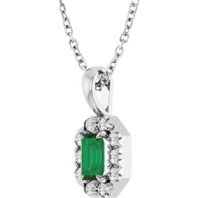 14K White 5x3 mm Lab-Grown Emerald & 1/8 CTW Natural Diamond 16-18" Necklace