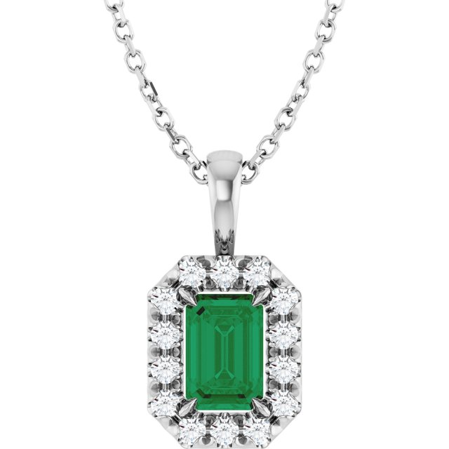 Sterling Silver 6x4 mm Natural Emerald & 1/5 CTW Natural Diamond 16-18" Necklace
