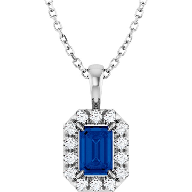 Sterling Silver 6x4 mm Natural Blue Sapphire & 1/5 CTW Natural Diamond 16-18" Necklace