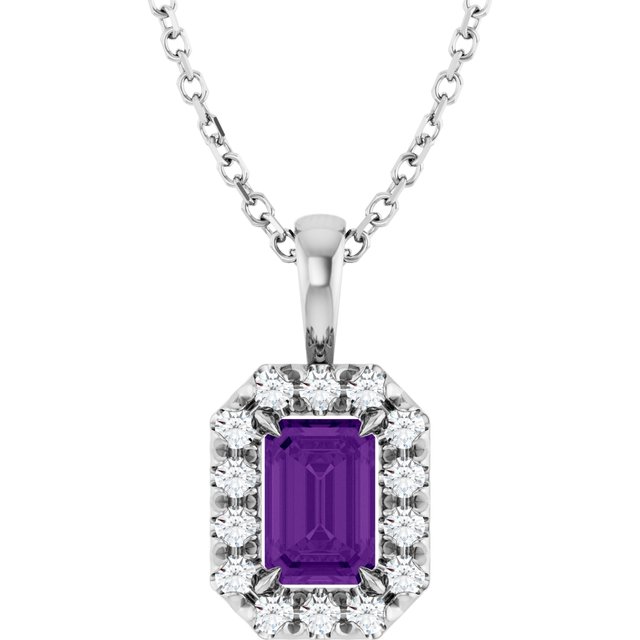 14K White 6x4 mm Natural Amethyst & 1/5 CTW Natural Diamond 16-18" Necklace