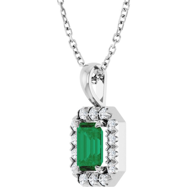 14K White 6x4 mm Natural Emerald & 1/5 CTW Natural Diamond 16-18" Necklace