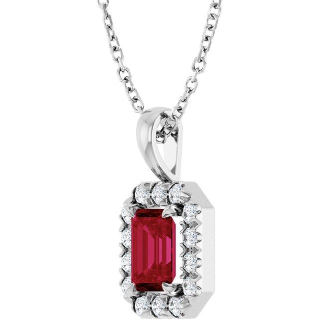 14K White 6x4 mm Lab-Grown Ruby & 1/5 CTW Natural Diamond 16-18" Necklace