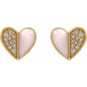 14K Yellow 1/10 Natural Diamond & Pink Enamel Heart Earrings
