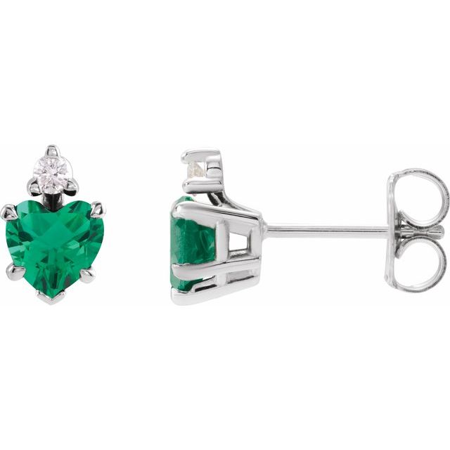 14K White Lab-Grown Emerald & .06 Natural Diamond Stud Earrings