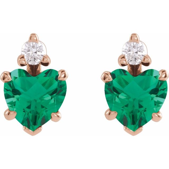 14K Rose Lab-Grown Emerald & .06 Natural Diamond Stud Earrings