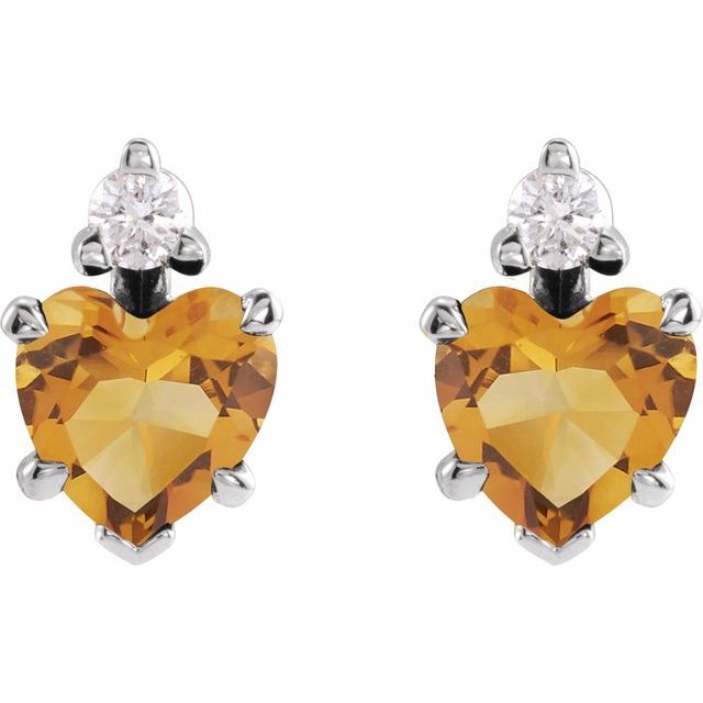 14K White Natural Citrine & .06 Natural Diamond Stud Earrings