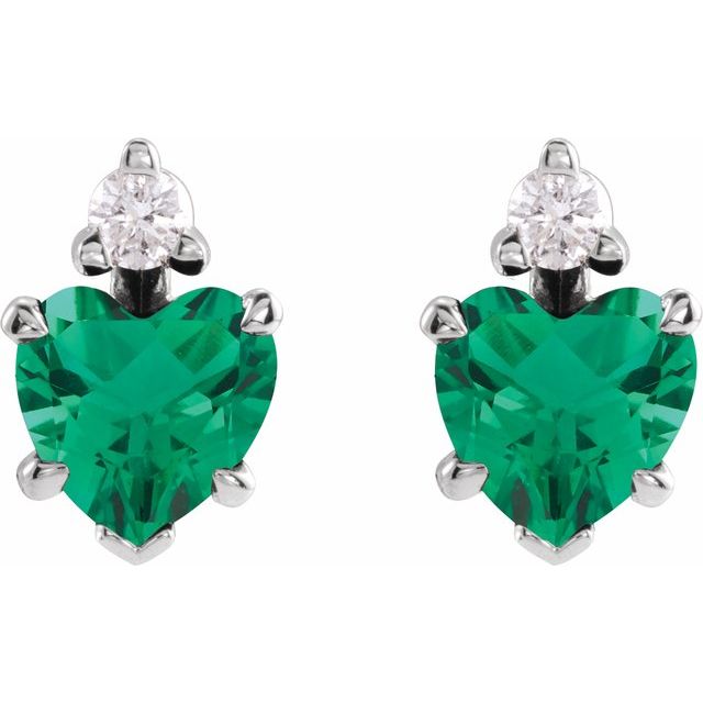 Sterling Silver Lab-Grown Emerald & .06 Natural Diamond Stud Earrings
