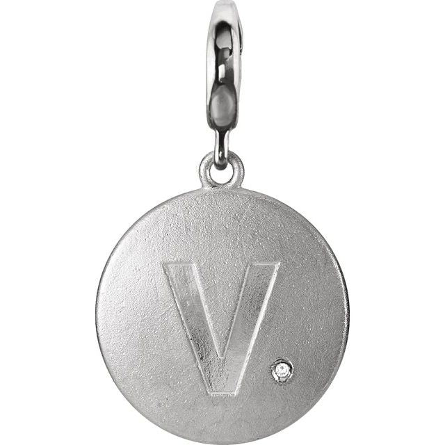 Sterling Silver .005 CT Natural Diamond Initial V Charm