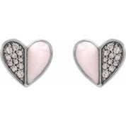 14K White 1/10 Natural Diamond & Pink Enamel Heart Earrings
