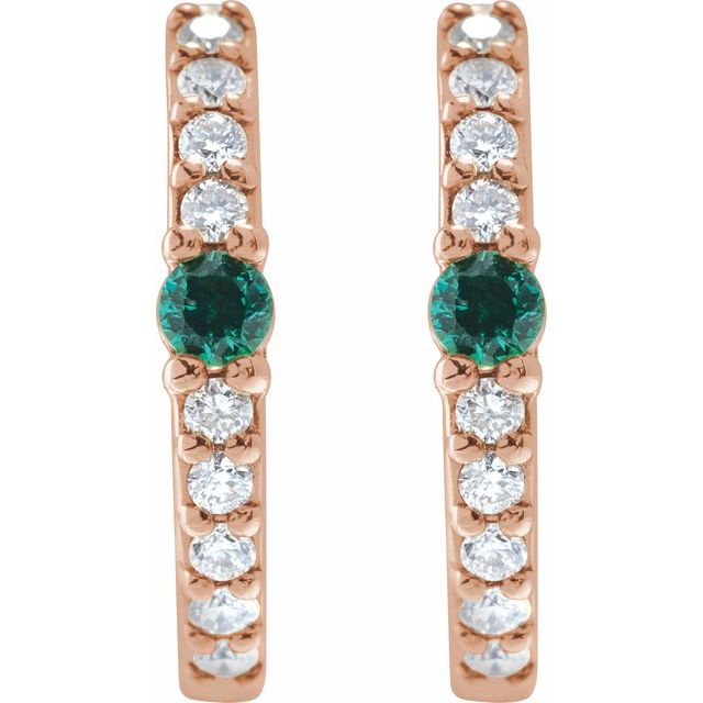 14K Rose Lab-Grown Emerald & 1/8 CTW Natural Diamond 13.6 mm Hoop Earring