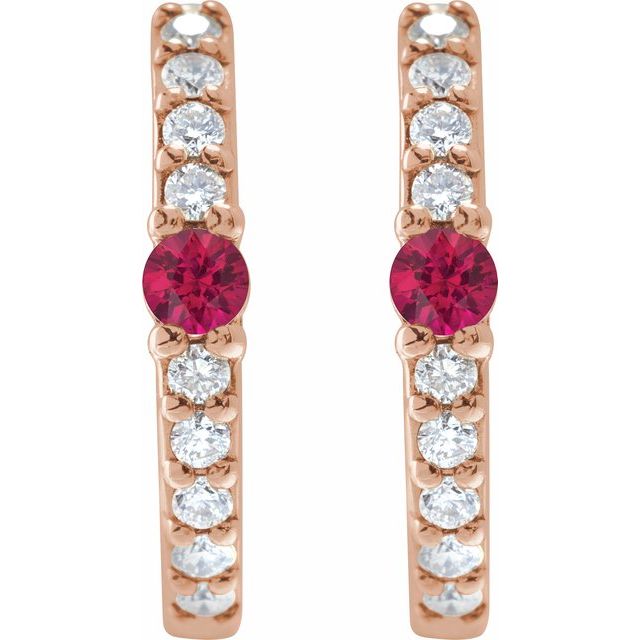 14K Rose Lab-Grown Ruby & 1/8 CTW Natural Diamond 13.6 mm Hoop Earring