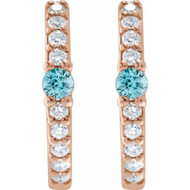 14K Rose Natural Blue Zircon & 1/8 CTW Natural Diamond 13.6 mm Hoop Earring