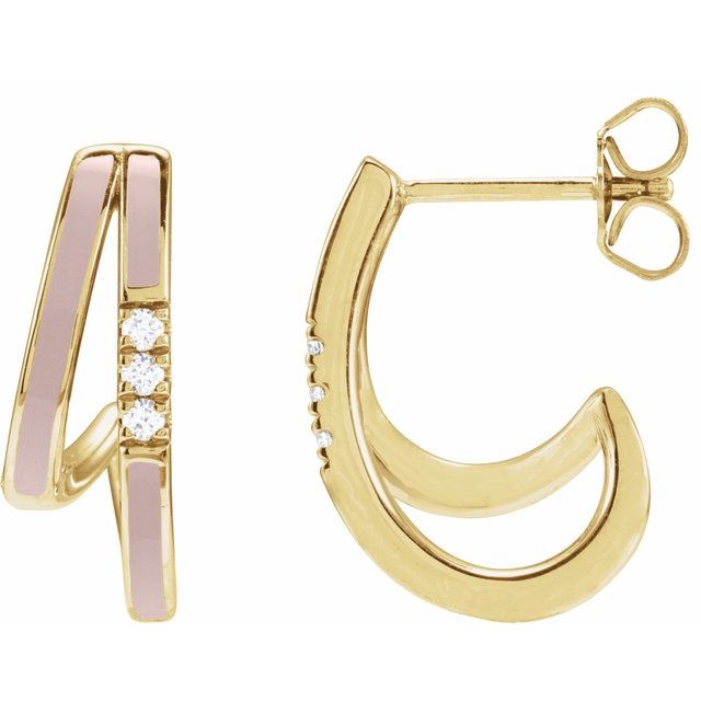 14K Yellow Gold 1/10 CTW Natural Diamond & Pink Enamel Hoop Earrings - Part No. 689133