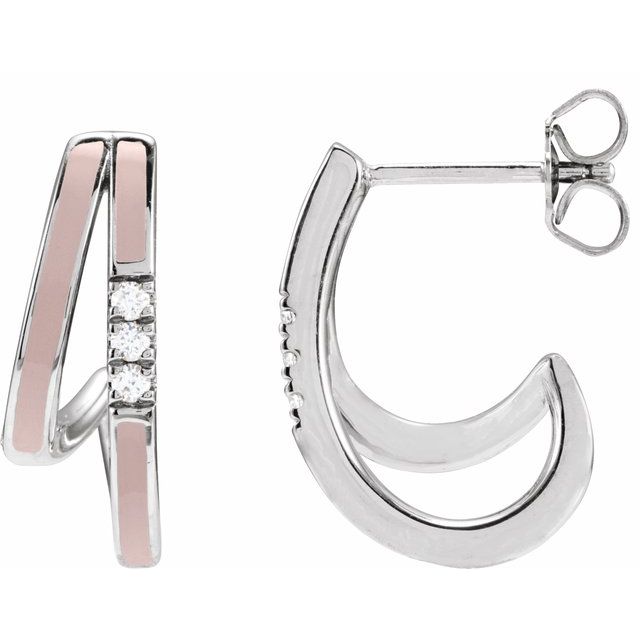 14K White Natural Diamond & Pink Enamel Hoop Earrings - 17.3 mm - Earring Set