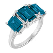 Sterling Silver 8x6 mm Emerald Natural London Blue Topaz Three-Stone Ring