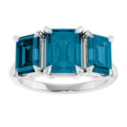 14K White 8x6 mm Emerald Natural London Blue Topaz Three-Stone Ring