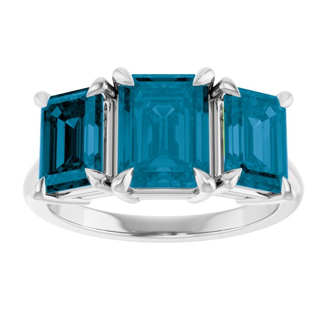 14K White 8x6 mm Emerald Natural London Blue Topaz Three-Stone Ring